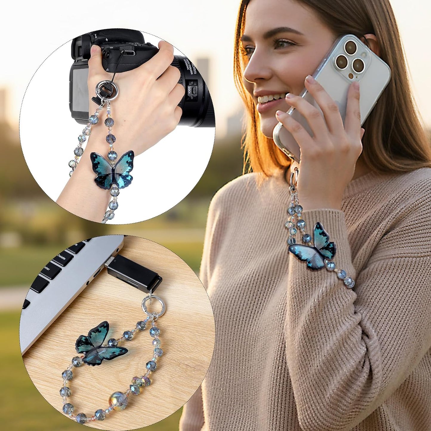 Cute Phone Charm Wrist Strap with Spacer,Butterfly Beaded Phone Chain Wristlet for Case Cellphone Chain V1258-DP02-A-525