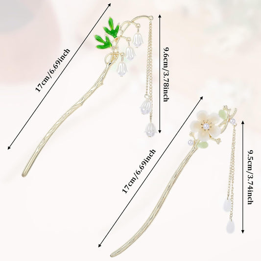 2PCS Chinese Hair Sticks,Lily of the Valley Hairpin Fringed Flowers Decor Hairstick for Women Headdress Fork V1258-DP02-A-529