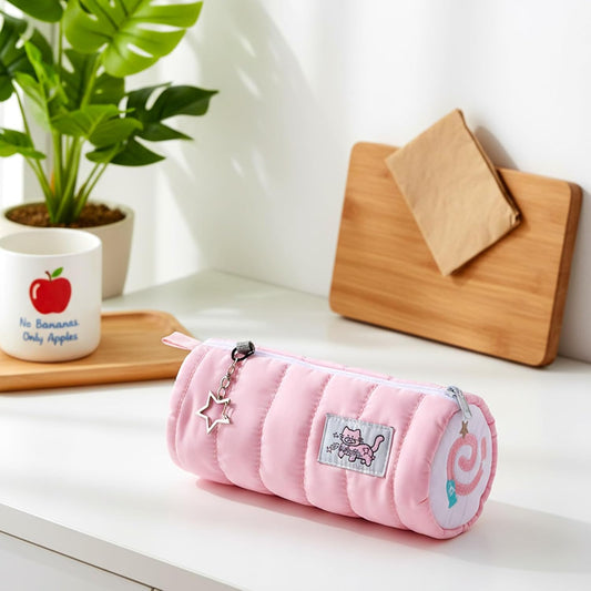 Pink Kawaii Pencil Case, Cream Roll Cartoon Large Capacity Cute Pencil Bag with Zipper, Cat Makeup Organizer V1258-DP02-A-530