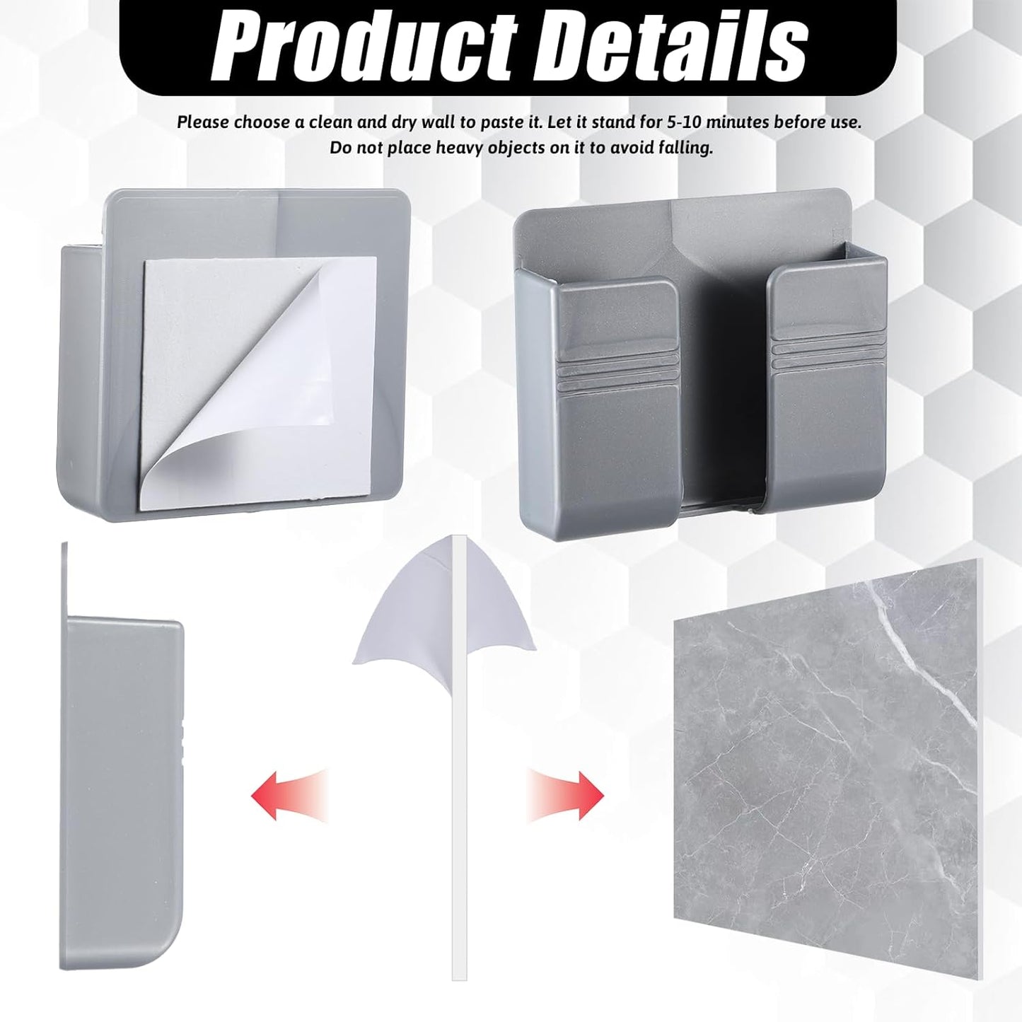2 Pcs Wall Mount Phone Holder Self Adhesive Phone Shelf with Data Cable Receiving Hole, Grey Charger Remote V1258-DP02-A-553