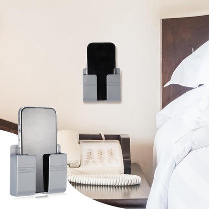 2 Pcs Wall Mount Phone Holder Self Adhesive Phone Shelf with Data Cable Receiving Hole, Grey Charger Remote V1258-DP02-A-553