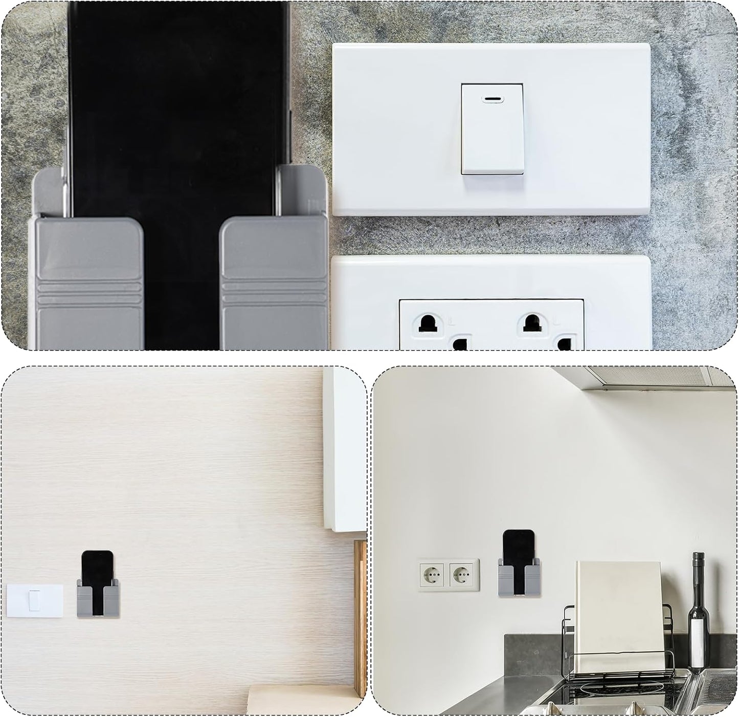 2 Pcs Wall Mount Phone Holder Self Adhesive Phone Shelf with Data Cable Receiving Hole, Grey Charger Remote V1258-DP02-A-553