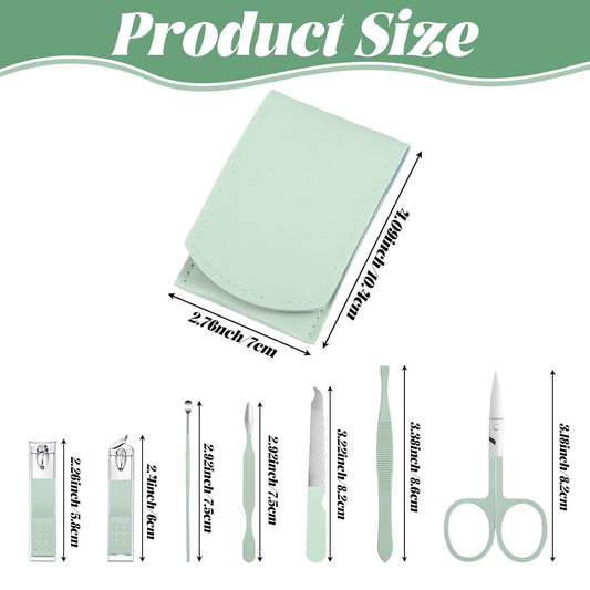 7Pcs Nail Cleaning Kit Professional Travel Nail Clippers with Green Leather Bag, Stainless Steel Manicure V1258-DP02-A-568