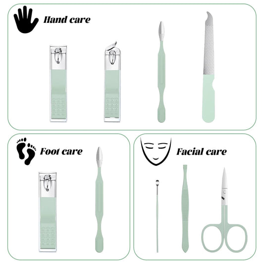 7Pcs Nail Cleaning Kit Professional Travel Nail Clippers with Green Leather Bag, Stainless Steel Manicure V1258-DP02-A-568