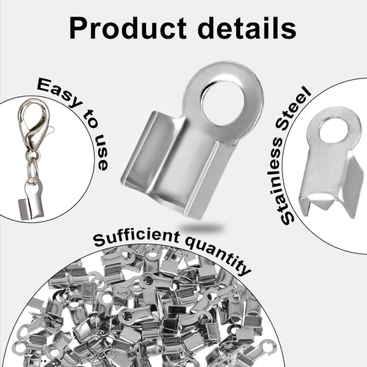 Vin Beauty 100 Pieces Fold Over Cord Ends Stainless Steel Cord Crimp End Tips Fold-Over End Caps Leather V1258-DP02-A-580