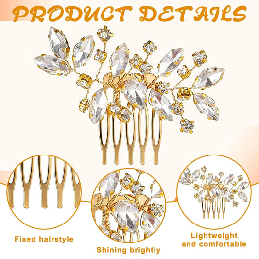 2 Pcs Bridal Hair Comb Gold Hair Piece Accessory Gold Rhinestone Hairs Accessories Golden Hairs Piece Sparkle V1258-DP02-A-591