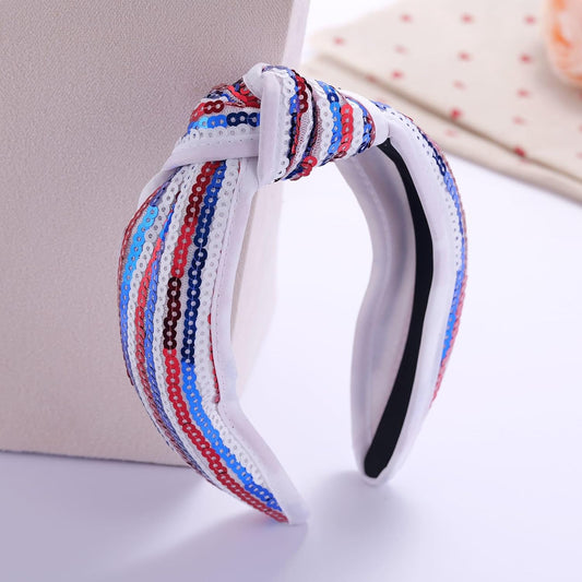 Kvekstio 4th of July Patriotic Headband for Women, Red White Blue American Flag Sequin Knotted Head Band V1258-DP02-A-631