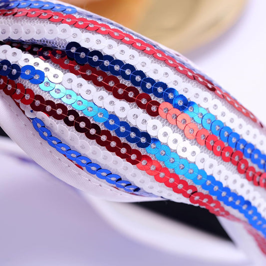 Kvekstio 4th of July Patriotic Headband for Women, Red White Blue American Flag Sequin Knotted Head Band V1258-DP02-A-631