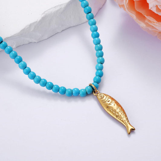 Kvekstio Turquoise Beaded Choker Necklace for Women, Gold Fish Pendant Necklace with Gold Chain, Elegant Boho V1258-DP02-A-635