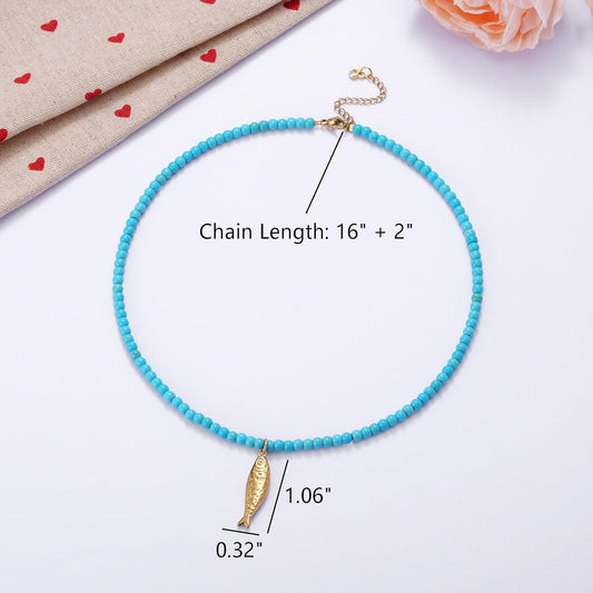 Kvekstio Turquoise Beaded Choker Necklace for Women, Gold Fish Pendant Necklace with Gold Chain, Elegant Boho V1258-DP02-A-635