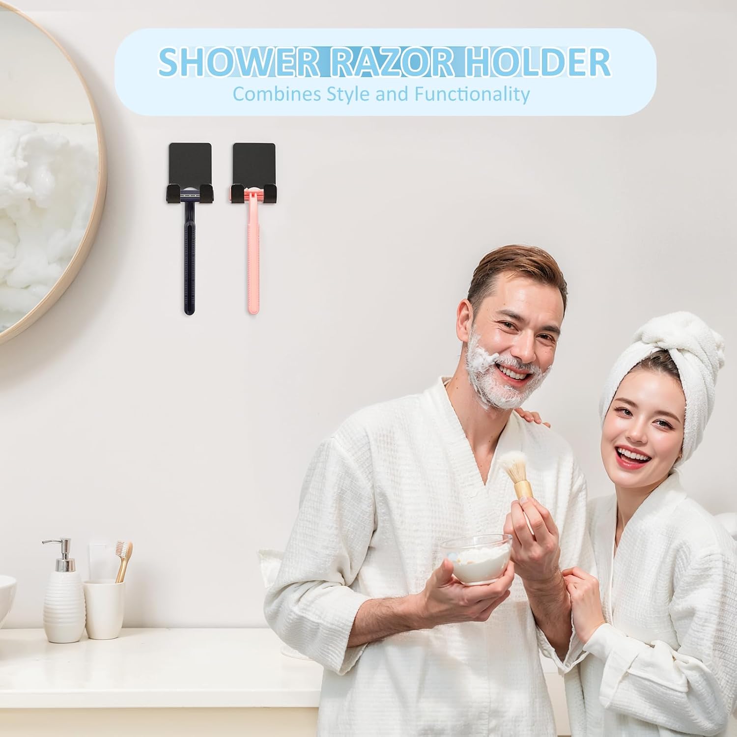 Shower Wall Razor Holder, Metal Adhesive Razor Hooks for His and Hers, Waterproof, Black, 2 Pcs V1258-DP02-A-64