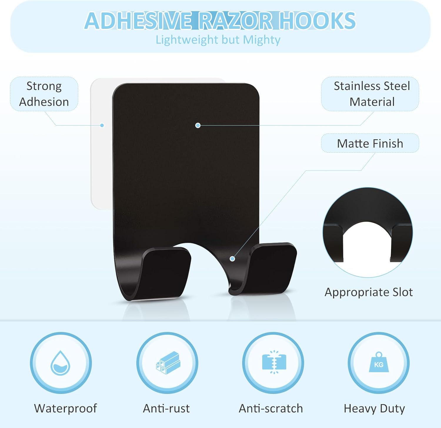 Shower Wall Razor Holder, Metal Adhesive Razor Hooks for His and Hers, Waterproof, Black, 2 Pcs V1258-DP02-A-64