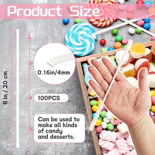 100 Pack 8 Inch White Lollipop Sticks,Long Paper Treat Sticks,White Paper Cake Pop Stick for Homemade V1258-DP02-A-654
