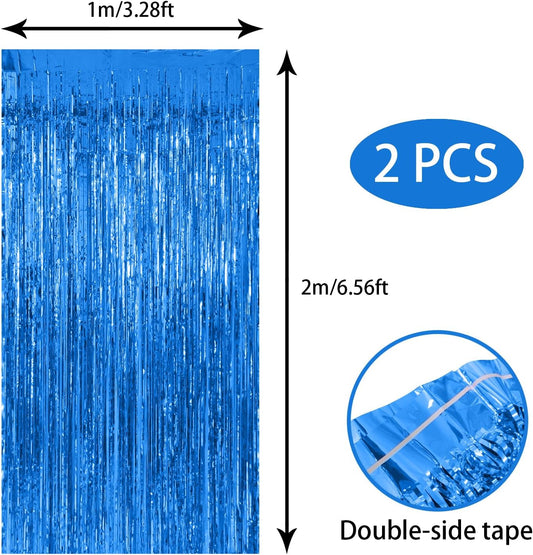 2 Pack Blue Backdrop Streamers Party Decorations Tinsel Fringe Backdrop Ocean Themed Decorations Foil Curtain V1258-DP02-A-71