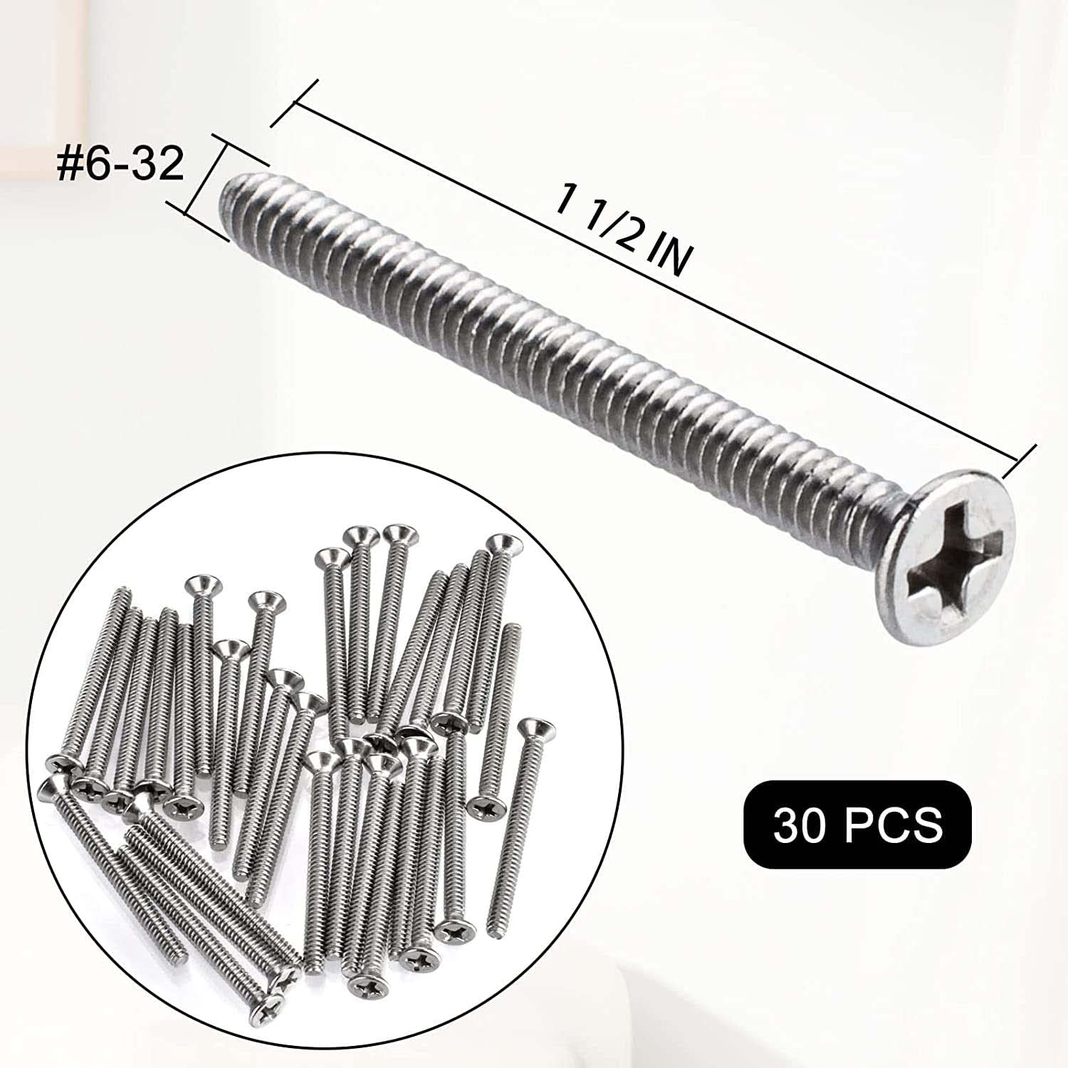 Extra Long Outlet Screws 6-32 x 1-1/2 Inches Electrical Outlet Screws 304 Stainless Machine Screws - 30 Pack V1258-DP02-A-727