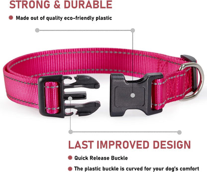 Reflective Dog Collar with Buckle Adjustable Safety Nyl Collars for Small Medium Large Dogs, Pink S V1258-DP02-A-738