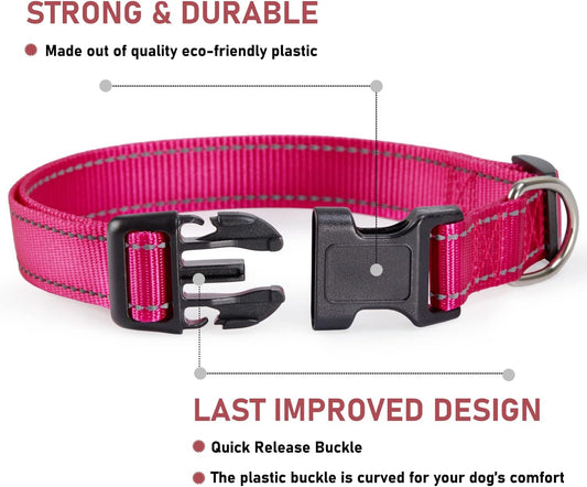 Reflective Dog Collar with Buckle Adjustable Safety Nyl Collars for Small Medium Large Dogs, Pink S V1258-DP02-A-738
