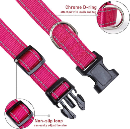 Reflective Dog Collar with Buckle Adjustable Safety Nyl Collars for Small Medium Large Dogs, Pink S V1258-DP02-A-738