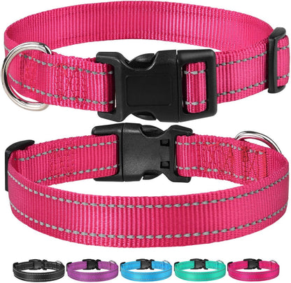 Reflective Dog Collar with Buckle Adjustable Safety Nyl Collars for Small Medium Large Dogs, Pink S V1258-DP02-A-738