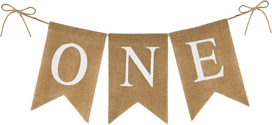 Burlap One Banner - NO DIY One Highchair Banner First Birthday Boy Girl Banner Sign Decoration 1st Happy V1258-DP02-A-75