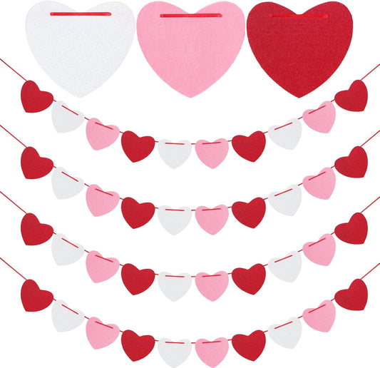 4Pack Heart Felt Garland - NO DIY Happy Valentines Day Decoration Red Pink White Felt Heart Hanging Garland V1258-DP02-A-82