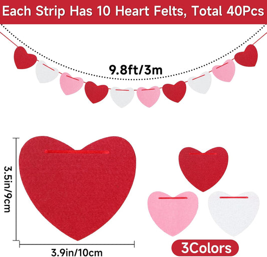 4Pack Heart Felt Garland - NO DIY Happy Valentines Day Decoration Red Pink White Felt Heart Hanging Garland V1258-DP02-A-82
