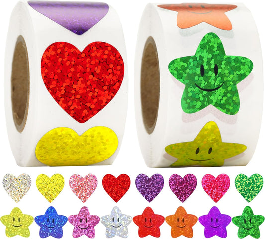 Heart Stickers Star Stickers - 1000Pcs 1Inch Glitter Heart Sticker and Smiley Face Star Sticker for Kids V1258-DP02-A-90