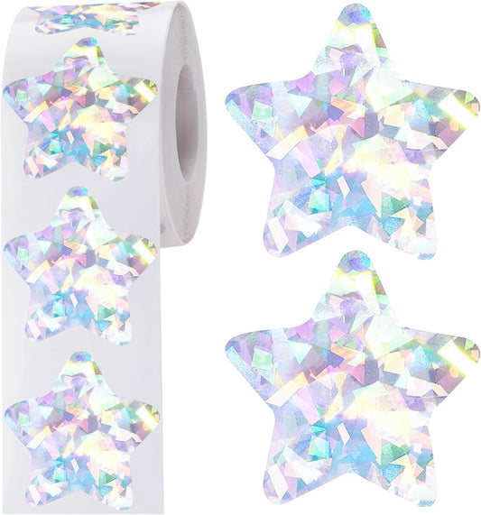 Holographic Silver Star Stickers for Kids Reward - 500Pcs 1.5Inch Shiny Self-Adhesive Metallic Glitter Foil V1258-DP02-A-93