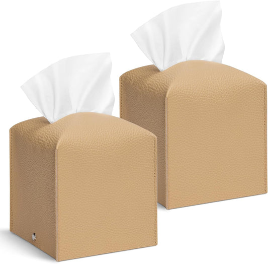 2 Pcs Square Cream Tissue Box Cover PU Leather Decorative Tissue Organizer Dispenser Holder for Bathroom, V1258-DP02-A-938