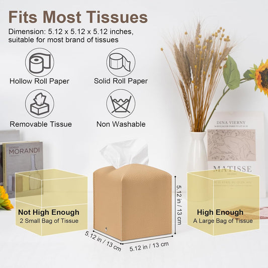 2 Pcs Square Cream Tissue Box Cover PU Leather Decorative Tissue Organizer Dispenser Holder for Bathroom, V1258-DP02-A-938
