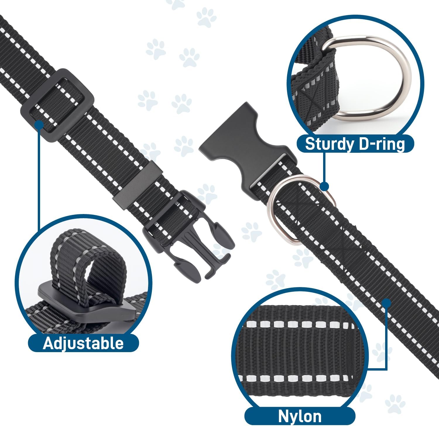 Dog Collar for Small Medium Dogs with Buckle, Breathable Adjustable Nyl Reflective Dog Collars, Black/Small V1258-DP02-A-942