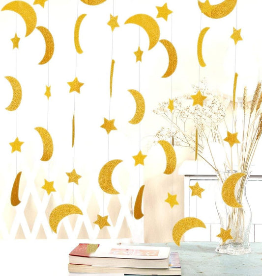 50ft Glitter Moon & Stars Garlands, 6 Pack Gold Double-Side Crescent and Twinkle Paper Hanging Decorations V1258-DP02-A-959