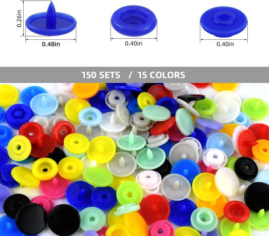 150 Sets Plastic Snaps Fasteners T5 Resin Snap Buttons Kit for Clothing Sewing Crafting No-Sew Round with V1258-DP02-A-970