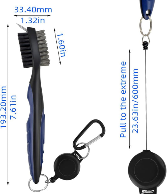 Golf Club Brush and Groove Cleaner Retractable Zip-Line Cleaning Tool Brushes with Aluminum Carabiner V1258-DP02-A-982