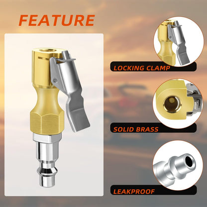 Air Chuck with Clip Tire Inflator Compressor Closed Flow Lock Brass Hose Connect Accessories Heavy Duty Gauge V1258-DP02-A-988