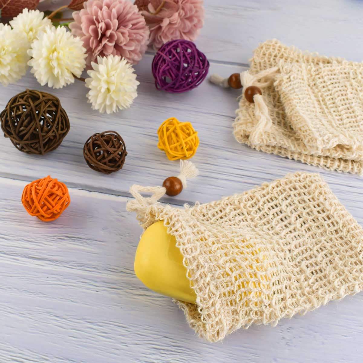 5 Pack Soap Saver Bag Exfoliating Pouch Shower Mesh Bar Natural Sisal for Bath and Bags with Drawstring V1258-DP02-A-999