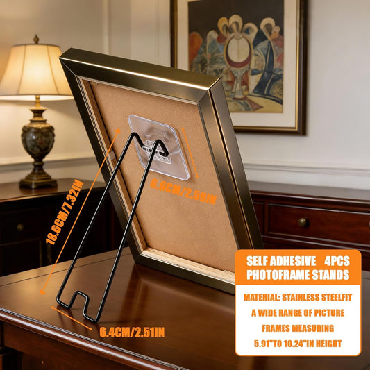 4Pcs Picture Frame Stand - Black Metal Table top easel -Heavy Duty Picture Holder Stand with Self-Adhesive V1258-DP02-B-1007
