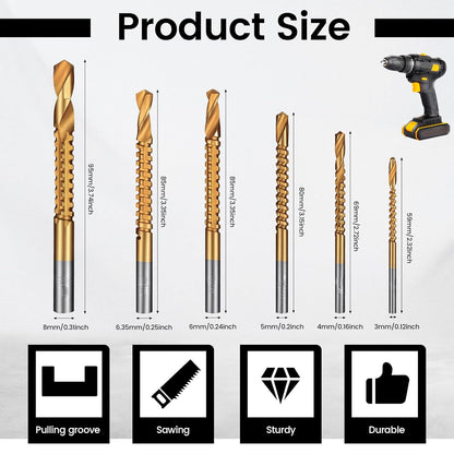 6 Pack Titanium Drill Bit Set, 3-8mm Serrated Side Cutting Drill Bit, Titanium Serrated Cutting Bits, V1258-DP02-B-1032