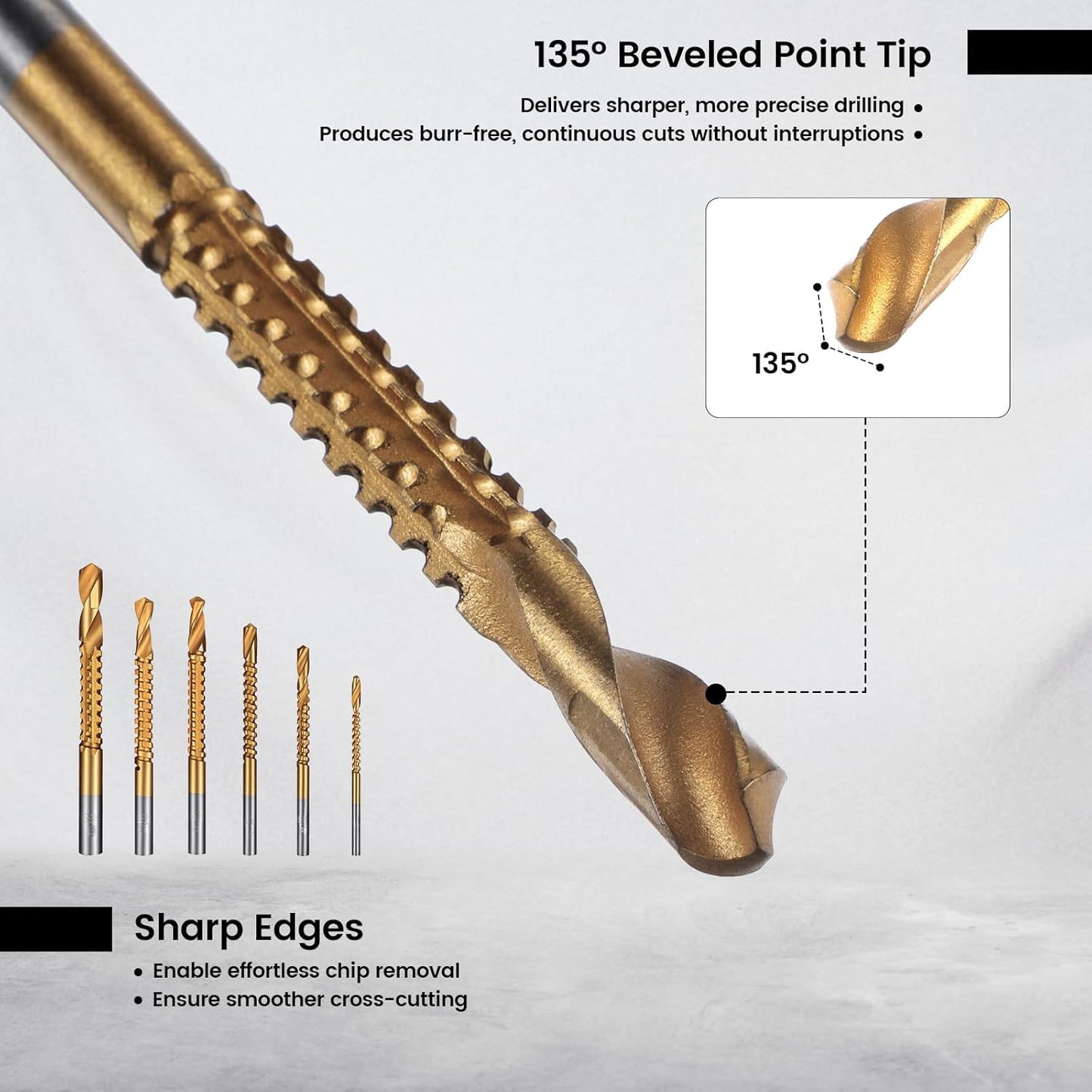 6 Pack Titanium Drill Bit Set, 3-8mm Serrated Side Cutting Drill Bit, Titanium Serrated Cutting Bits, V1258-DP02-B-1032