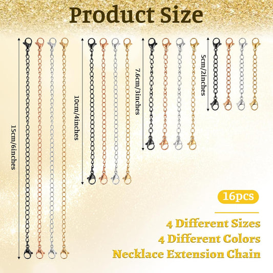 16Pcs Necklace Extenders for Women Necklace Extension Connector Lobster Claw Jewelry Chain Stainless Steel V1258-DP02-B-1050