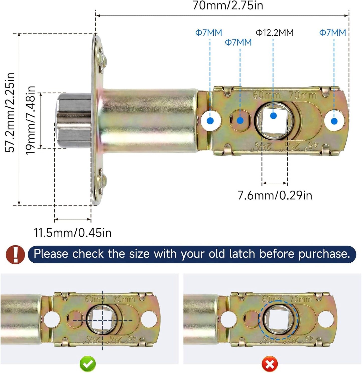 Adjustable Deadlatch 2-3/8''(60mm) or 2-3/4''(70mm), Adjustable Door Latch Entry Door Lock 45 degrees Turning V1258-DP02-B-1055