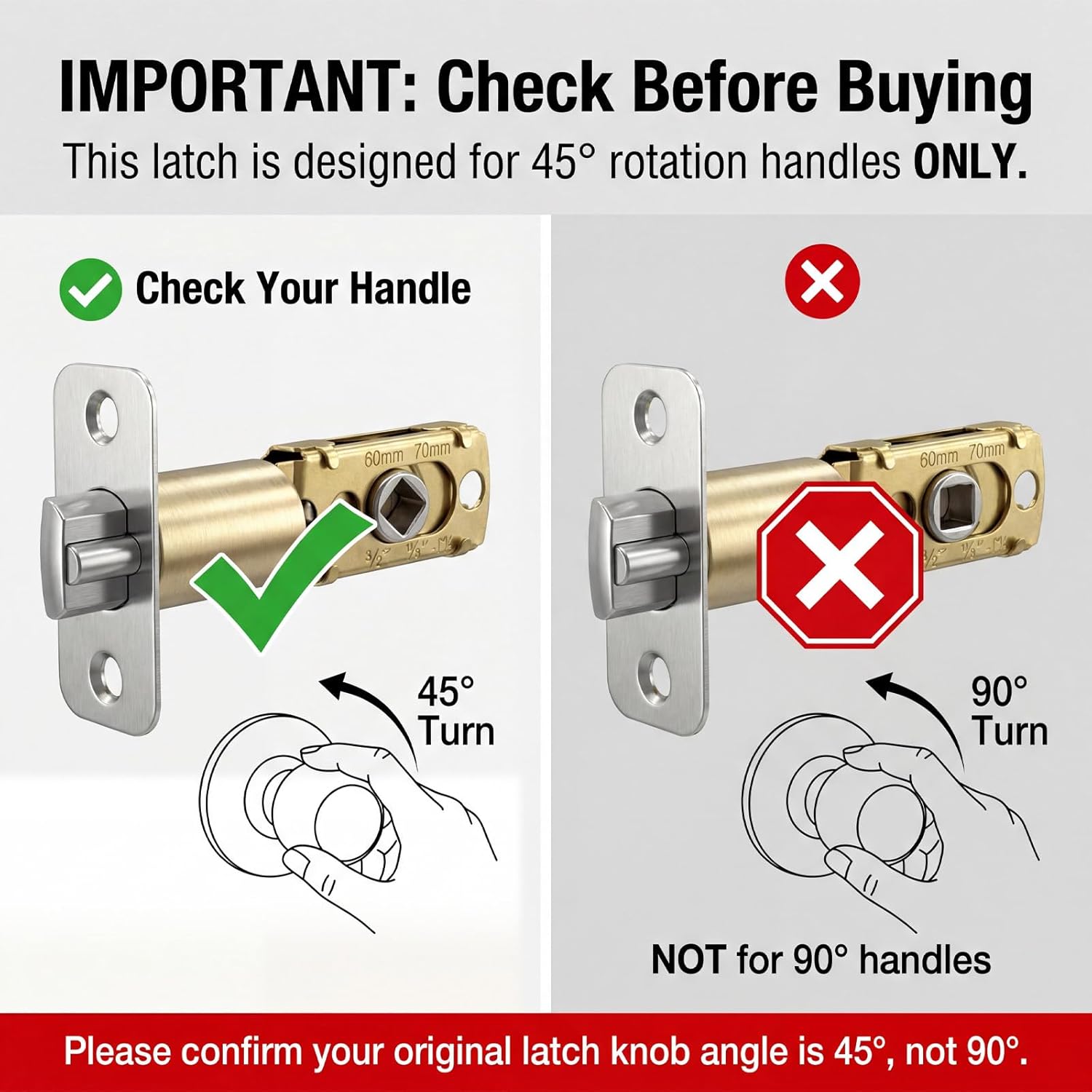 Adjustable Deadlatch 2-3/8''(60mm) or 2-3/4''(70mm), Adjustable Door Latch Entry Door Lock 45 degrees Turning V1258-DP02-B-1055