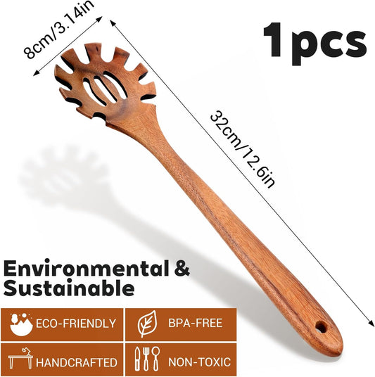Spaghetti Spoon Wooden Pasta Spoon with Teeth Spaghetti Fork Tongs 12.5 Inch Teak Slotted Strainer Spoons for V1258-DP02-B-1056