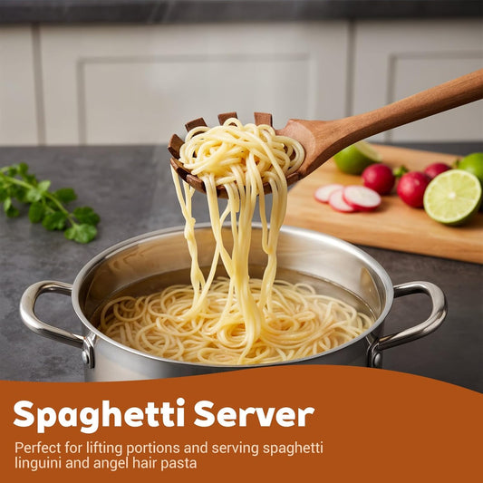 Spaghetti Spoon Wooden Pasta Spoon with Teeth Spaghetti Fork Tongs 12.5 Inch Teak Slotted Strainer Spoons for V1258-DP02-B-1056