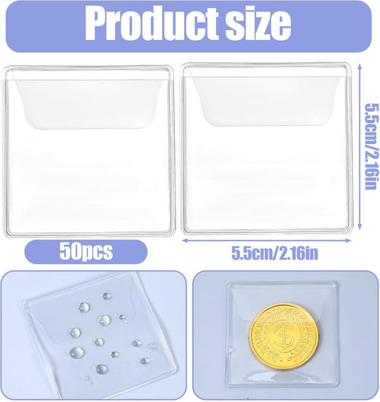 50 Pack Plastic Coin Sleeves, 2.1 x 2.1 Inch Clear Plastic Coin Protectors Small Pouches for Coins Holder V1258-DP02-B-1060