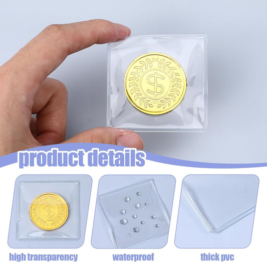 50 Pack Plastic Coin Sleeves, 2.1 x 2.1 Inch Clear Plastic Coin Protectors Small Pouches for Coins Holder V1258-DP02-B-1060
