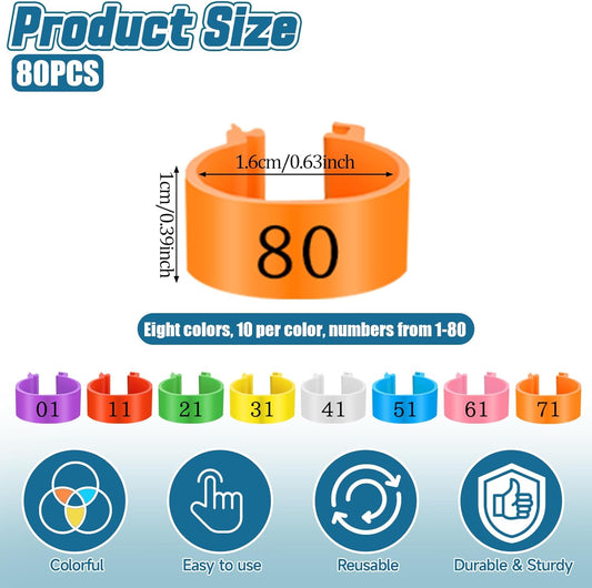 80 Pcs Chicken Leg Bands, 16mm Chicken Leg Bands with 8 Colors, Colorful 01-80 Numbered Chicken V1258-DP02-B-1062