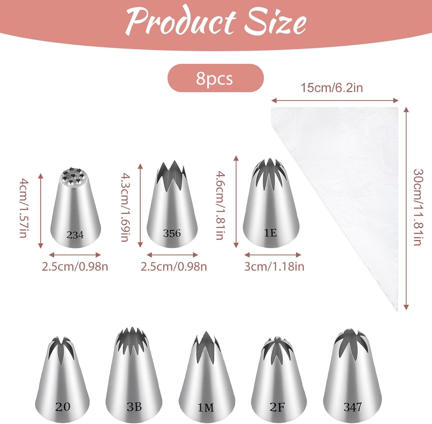 8 Pcs Large Piping Tips Set, Stainless Steel Cake Decorating Tips Set with 10pcs Piping Bag Pastry Cake V1258-DP02-B-1069