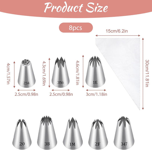 8 Pcs Large Piping Tips Set, Stainless Steel Cake Decorating Tips Set with 10pcs Piping Bag Pastry Cake V1258-DP02-B-1069