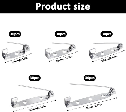 150 Pcs Brooch Pin Backs Kit, 5 Sizes Silver Safety Bar Pins for Crafts Metal Flat Back Locking Clasp Clasp V1258-DP02-B-1071